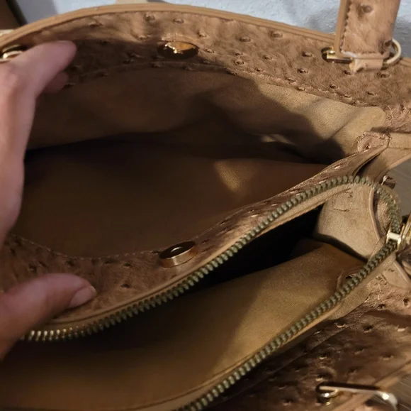 Ostrich Bow Faux Leather 3 Compartment Satchel - Camel - Picture 12 of 13